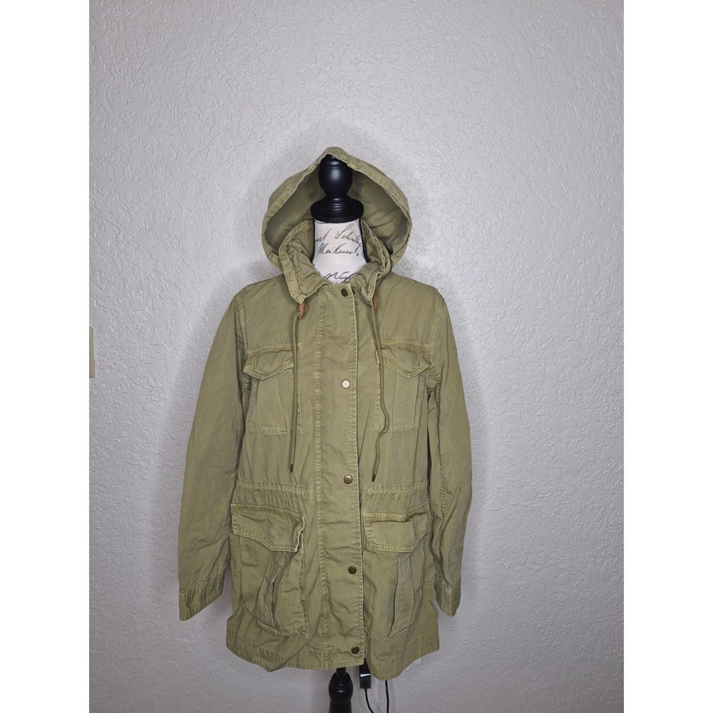 J.Crew Mens Olive Green Cotton Utility Field Jacket with Stowaway Hood Large